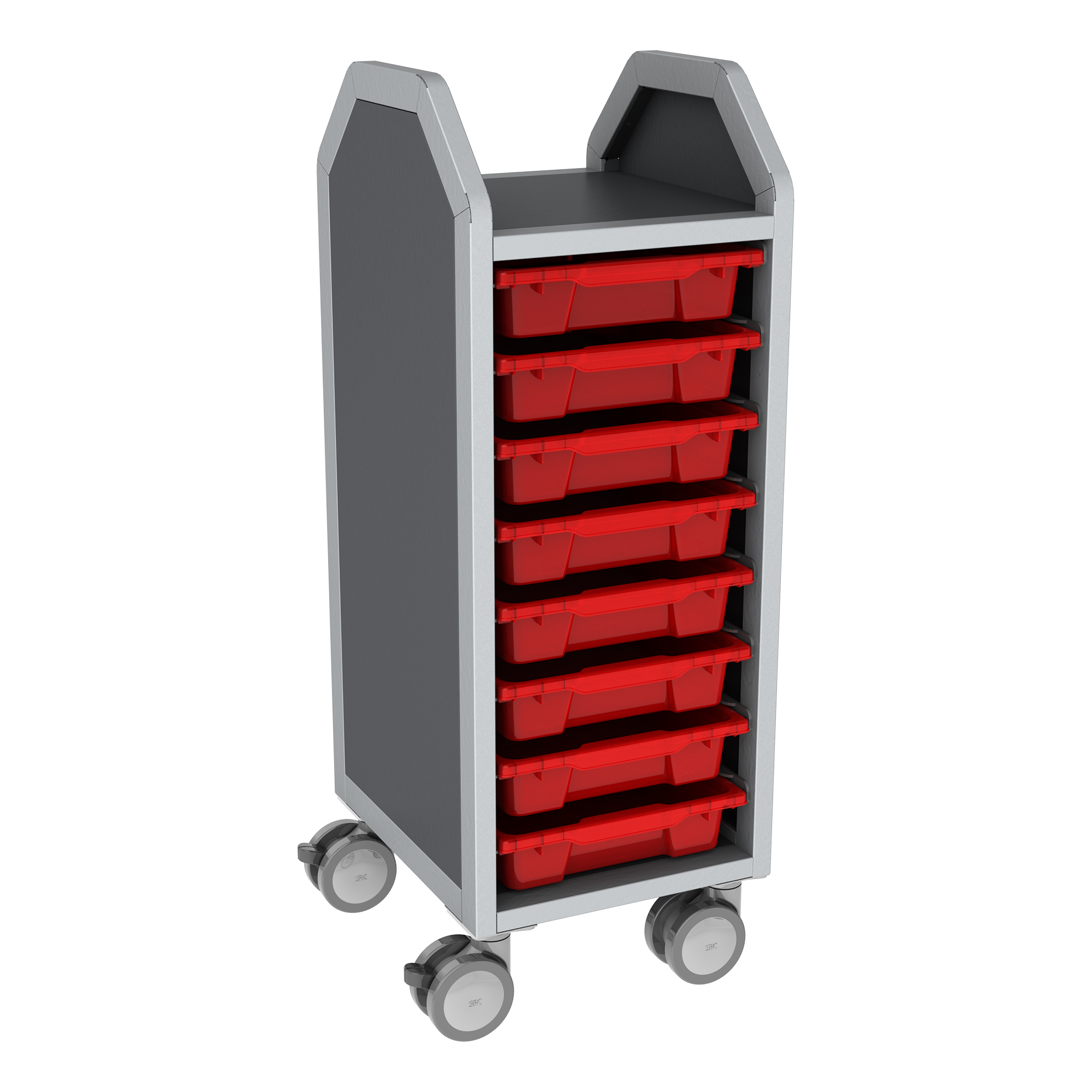 Profile Series Single-Wide Mobile Classroom Storage Cart - 8 Small Bins - Translucent Red