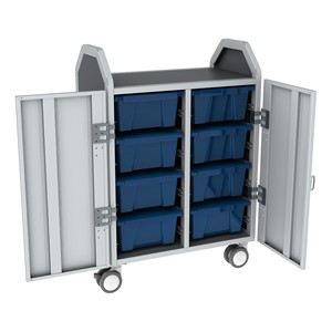 Profile Series Double-Wide Mobile Classroom Storage Cart w/ Doors - 8 Large Bins - Translucent Brilliant Blue