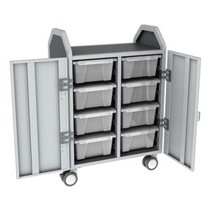Profile Series Double-Wide Mobile Classroom Storage Cart w/ Doors - 8 Large Bins - Clear