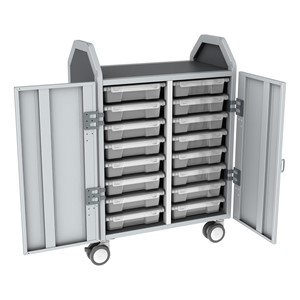 Profile Series Double-Wide Mobile Classroom Storage Cart w/ Doors - 16 Small Bins - Clear