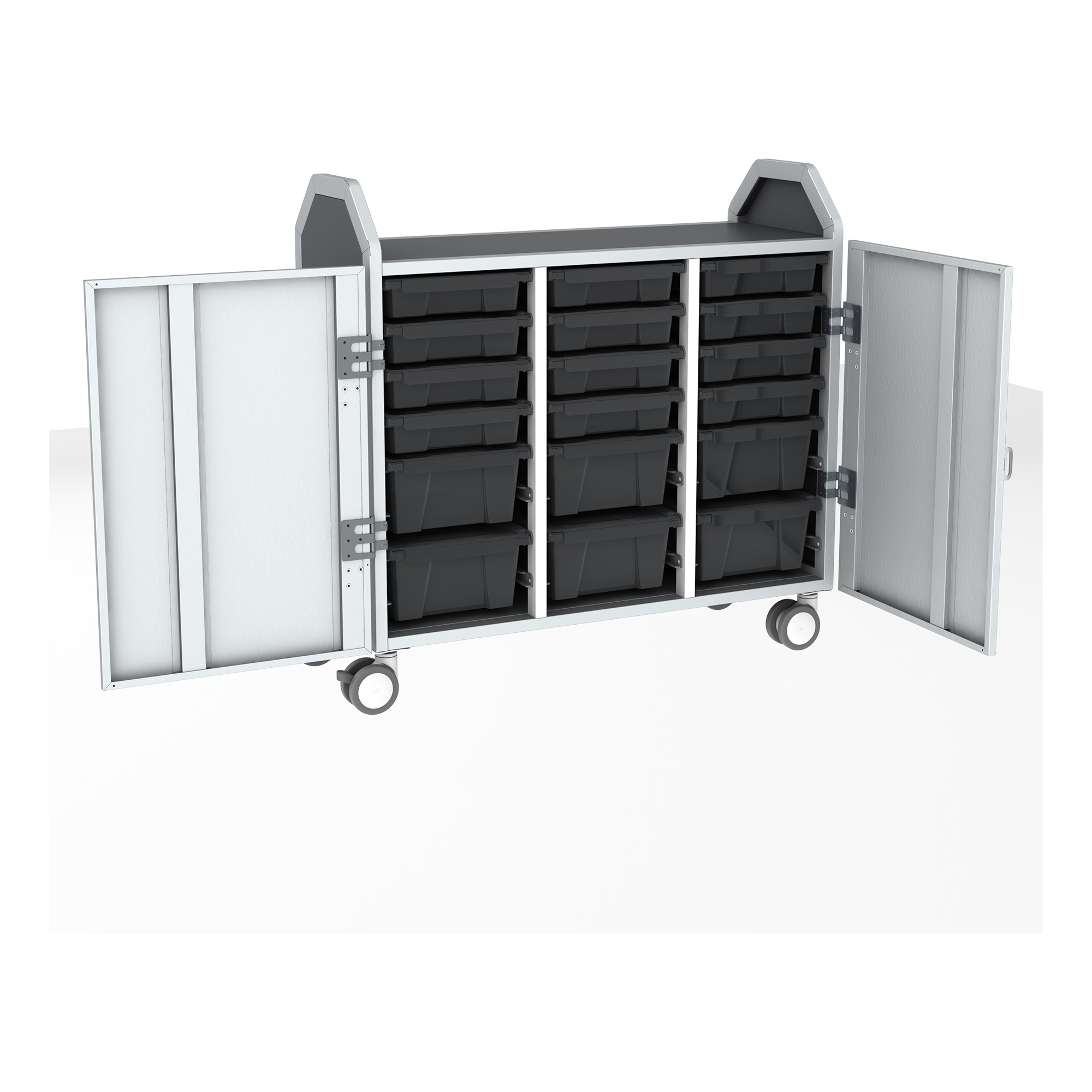 Profile Series Triple-Wide Mobile Classroom Storage Tower w/ Doors - 12 Small & 6 Large Bins - Translucent Graphite
