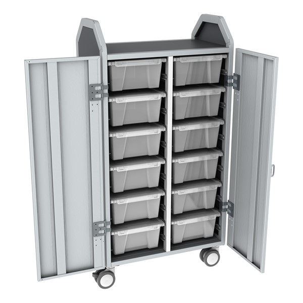 Profile Series Double-Wide Mobile Classroom Storage Tower w/ Doors - 12 Large Bins