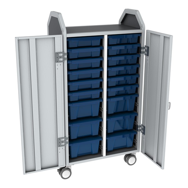 Profile Series Double-Wide Mobile Classroom Storage Tower w/ Doors - 12 Small & 6 Large Bins - Translucent Brilliant Blue