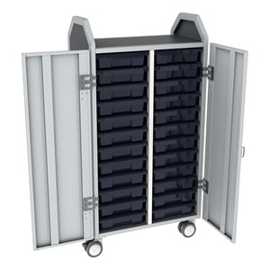 Profile Series Double-Wide Mobile Classroom Storage Tower w/ Doors - 24 Small Bins - Translucent Navy