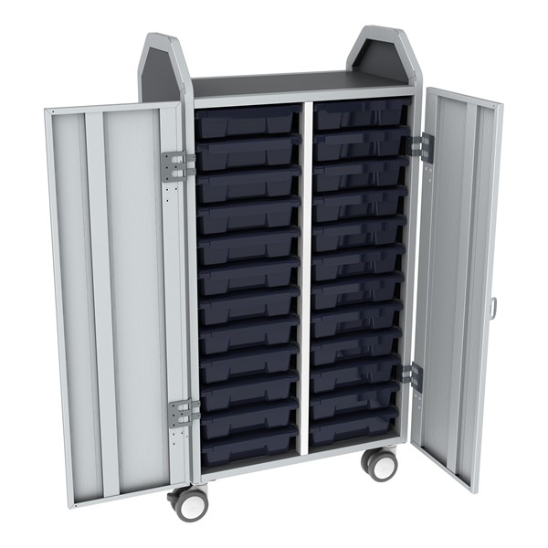 Profile Series Double-Wide Mobile Classroom Storage Tower w/ Doors - 24 Small Bins - Translucent Navy
