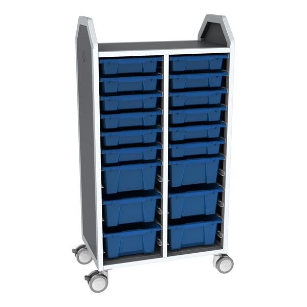 Profile Series Double-Wide Mobile Classroom Storage Tower - 12 Small & 6 Large Bins - Translucent Brilliant Blue