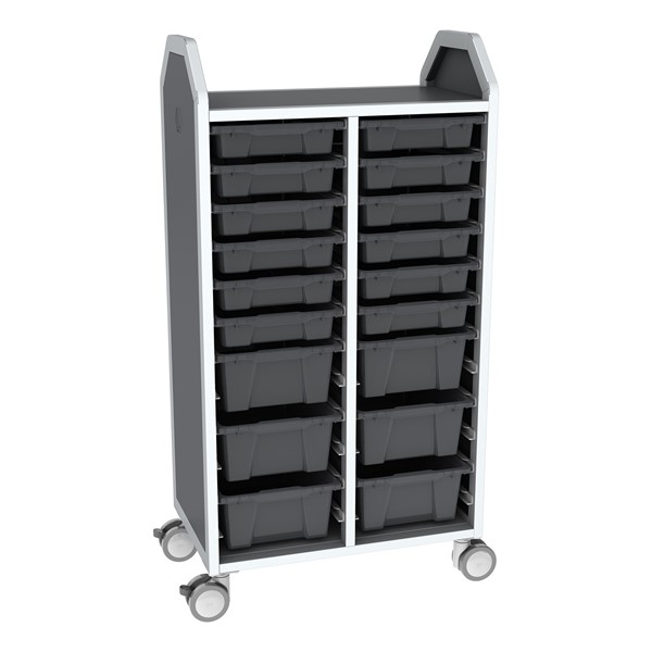 Profile Series Double-Wide Mobile Classroom Storage Tower - 12 Small & 6 Large Bins - Translucent Graphite