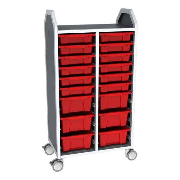 Profile Series Double-Wide Mobile Classroom Storage Tower - 12 Small & 6 Large Bins - Translucent Red