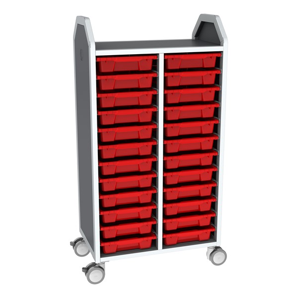 Profile Series Double-Wide Mobile Classroom Storage Tower - 24 Small Bins - Translucent Red