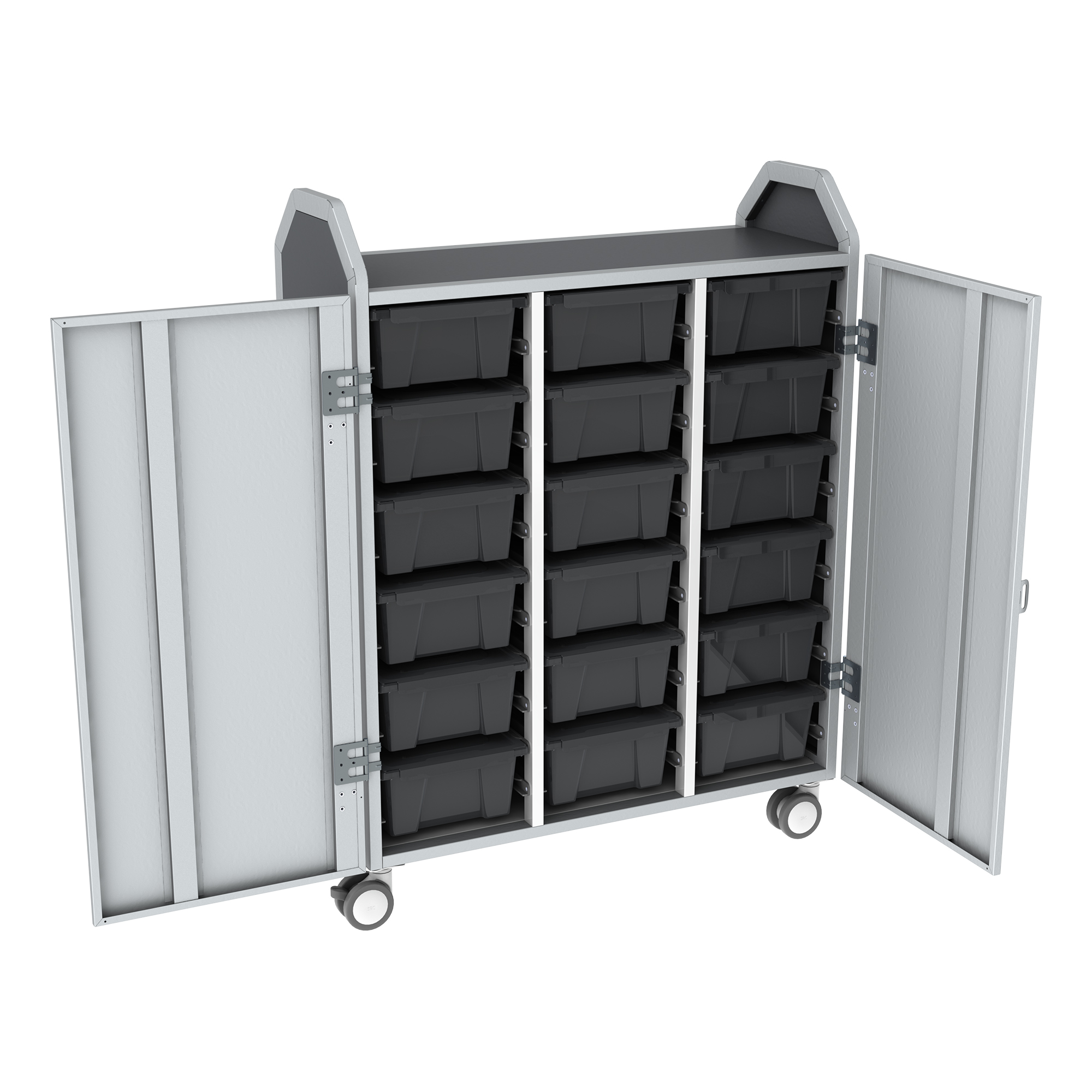 Profile Series Triple-Wide Mobile Classroom Storage Tower w/ Doors - 18 Large Bins - Translucent Graphite