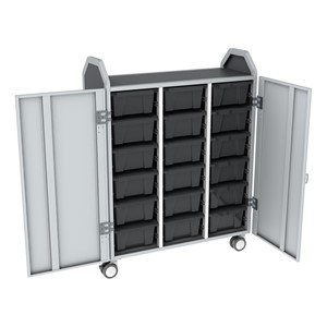 Profile Series Triple-Wide Mobile Classroom Storage Tower w/ Doors - 18 Large Bins - Translucent Graphite