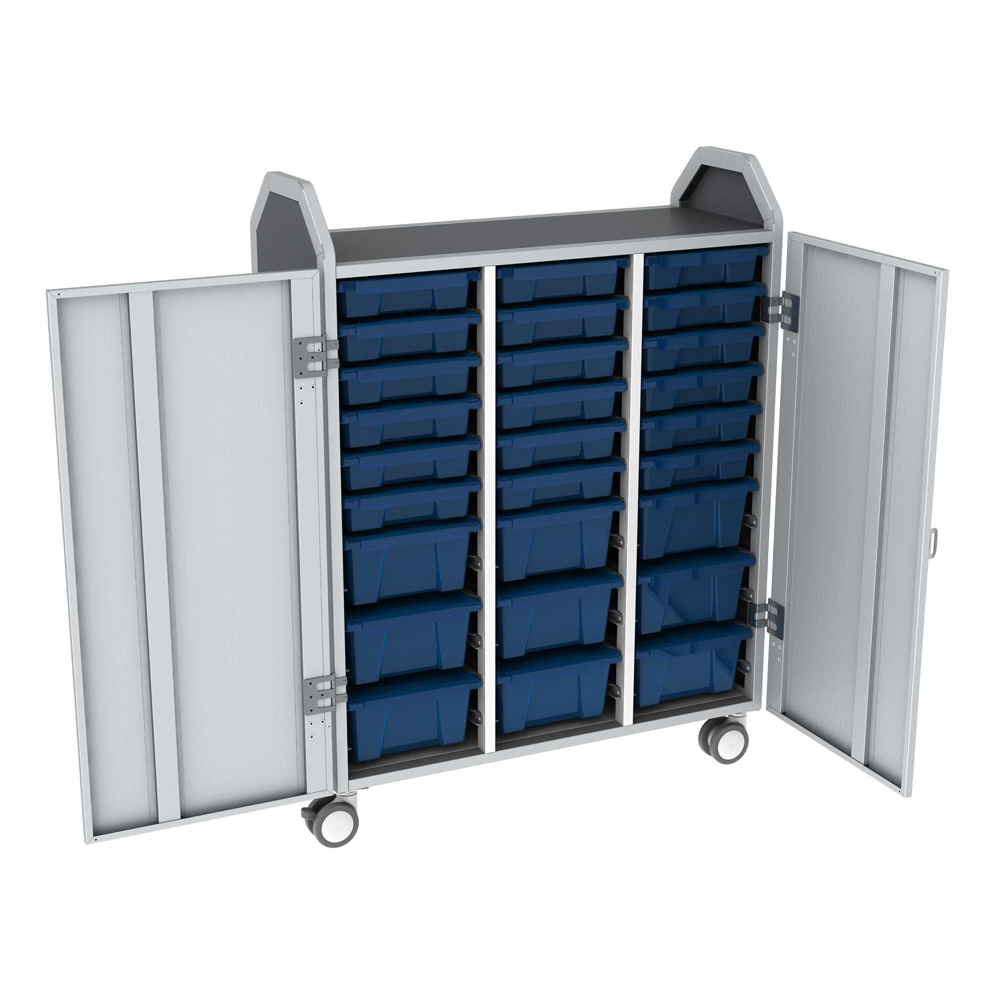 Profile Series Triple-Wide Mobile Classroom Storage Tower w/ Doors - 18 Small & 9 Large Bins - Translucent Brilliant Blue