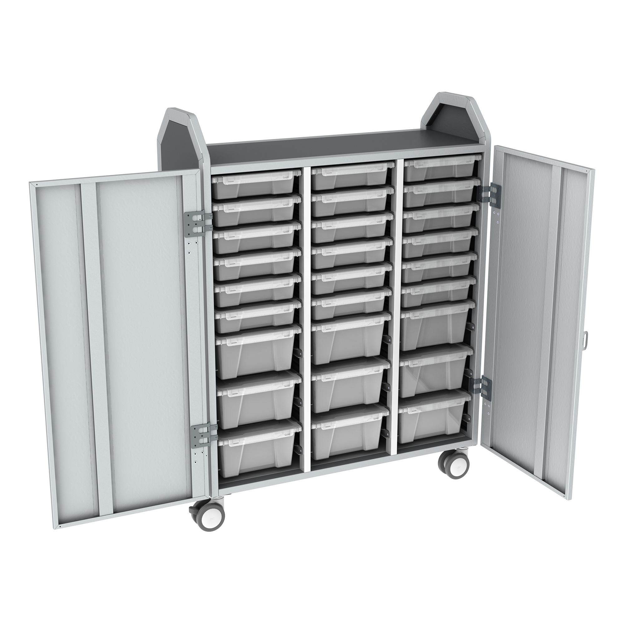 Profile Series Triple-Wide Mobile Classroom Storage Tower w/ Doors - 18 Small & 9 Large Bins - Clear