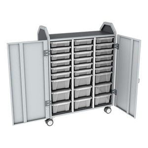 Profile Series Triple-Wide Mobile Classroom Storage Tower w/ Doors - 18 Small & 9 Large Bins - Clear