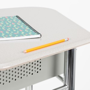 Hex Collaborative Desk w/ XL Perforated Metal Book Box & Chrome Upper Frame w/ Glides - Pencil Groove
