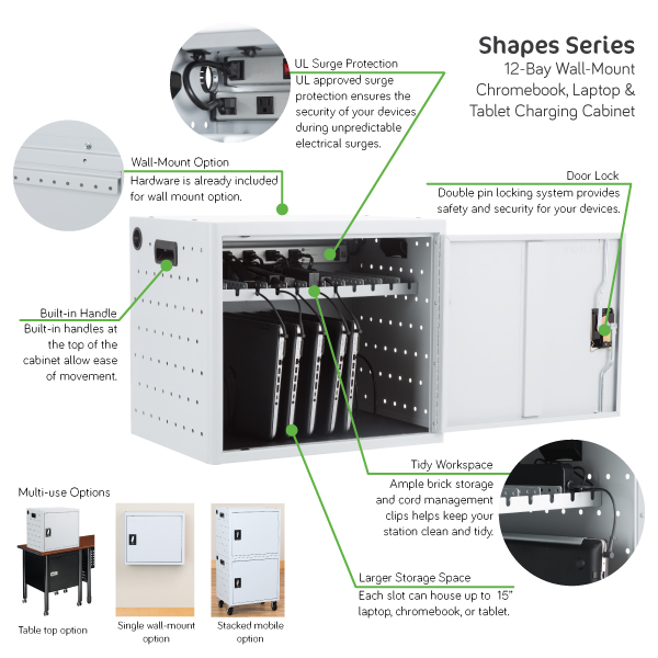 Shapes Series 12-Device Wall-Mount Chromebook, Laptop and Tablet Charging Cabinet - Features