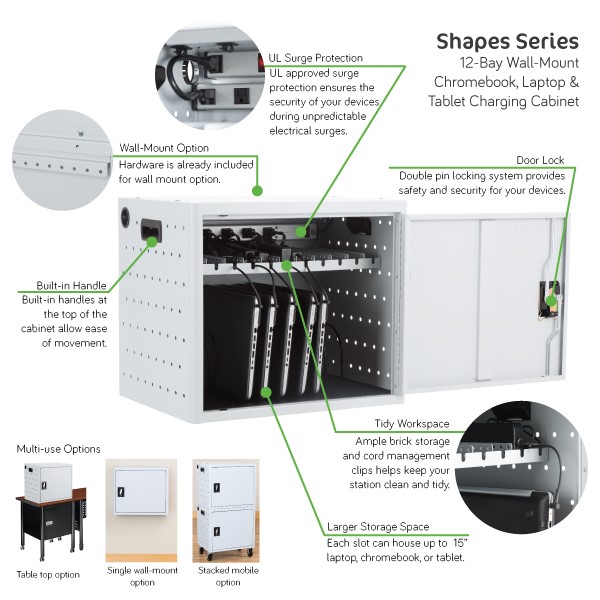 Shapes Series 12-Device Wall-Mount Chromebook, Laptop and Tablet Charging Cabinet - Features