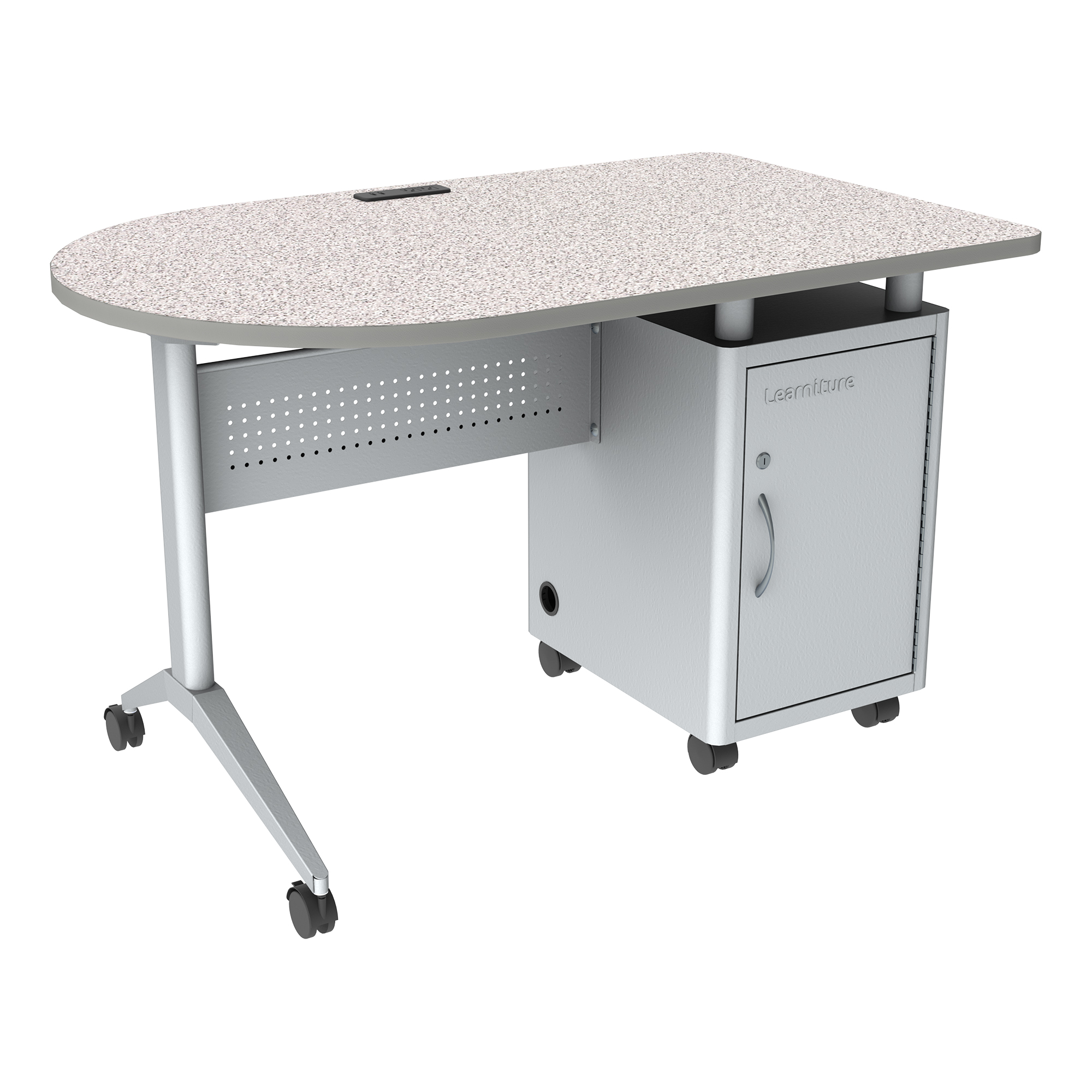 Compact Mobile Teacher Desk w/ Electric - Light Gray Frame w/ Cosmic Strandz Desktop