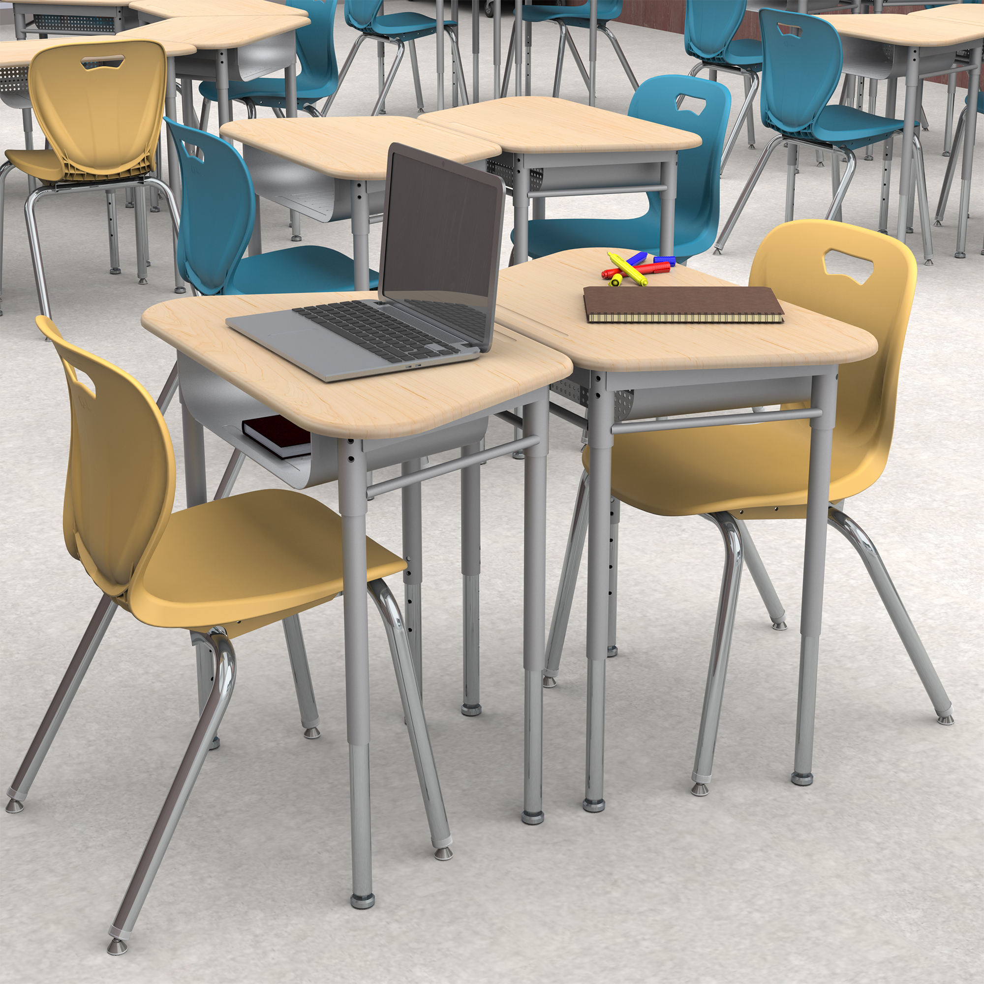 Trapezoid Collaborative Desk w/ Solid Plastic Top & Perforated Metal Book Box