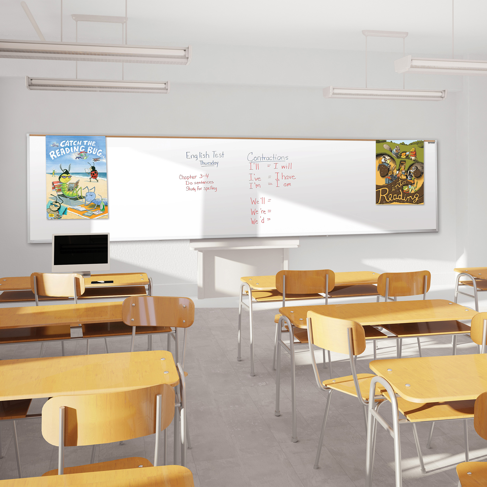 Heavy-Duty Porcelain Steel Magnetic Dry Erase Board w/ Aluminum Frame & Maprail (8' W x 4' H)