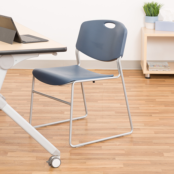 Heavy-Duty Plastic Stacking Chair w/ Navy Seat & Silver Mist Frame