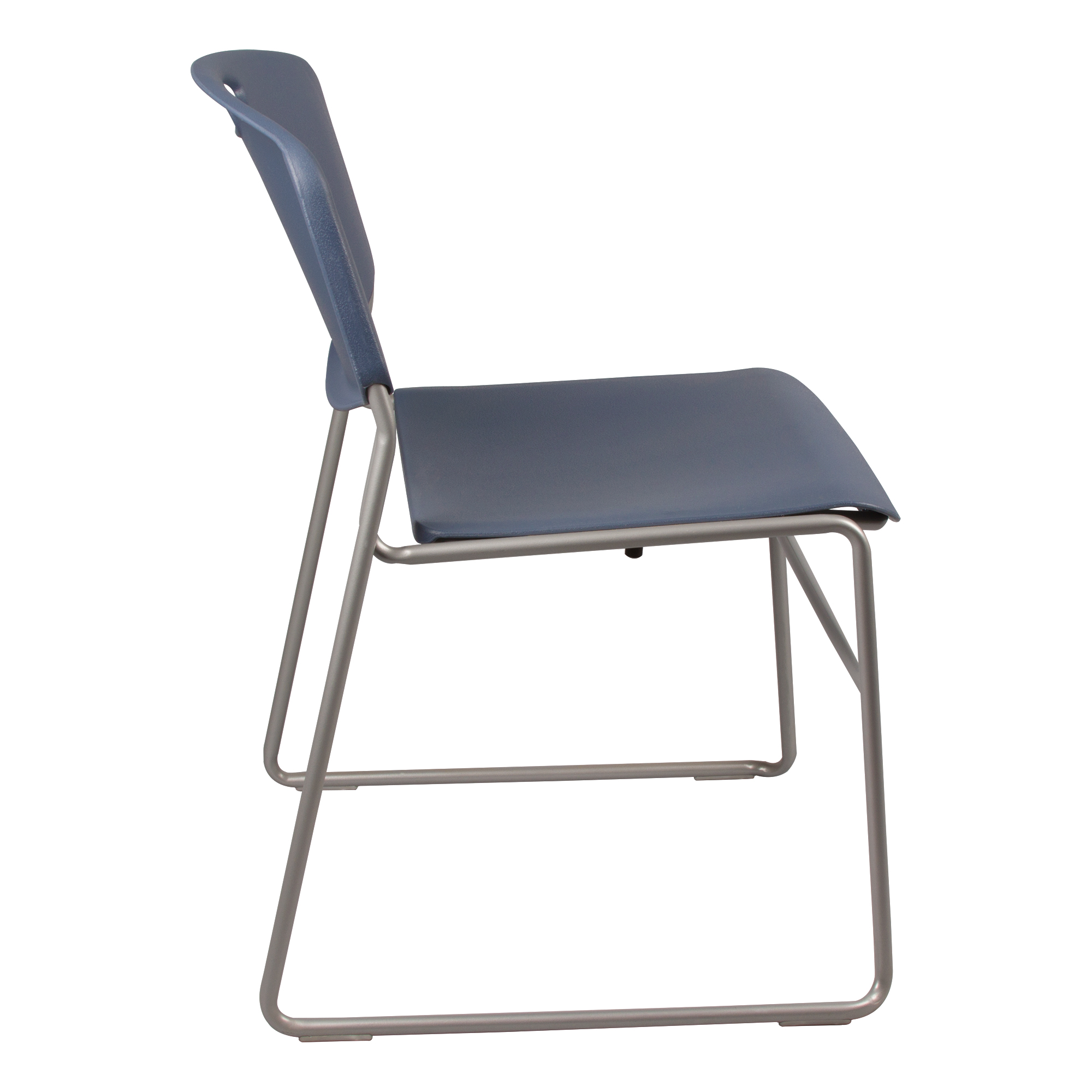 Heavy-Duty Plastic Stacking Chair w/ Navy Seat & Silver Mist Frame - Side view