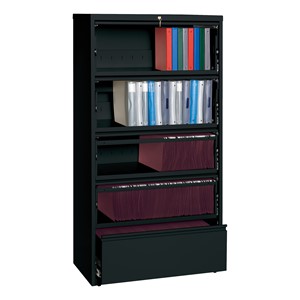 Lateral File Cabinet w/ Four Roll-Out Shelves & Fixed Bottom Shelf (36" W) - Black