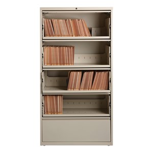 Lateral File Cabinet w/ Four Roll-Out Shelves & Fixed Bottom Shelf (36" W) - Putty