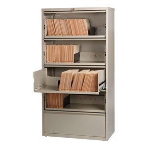 Lateral File Cabinet w/ Four Roll-Out Shelves & Fixed Bottom Shelf (36" W) - Putty