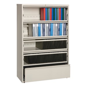 Lateral File Cabinet w/ Four Roll-Out Shelves & Fixed Bottom Shelf (42" W) - Putty