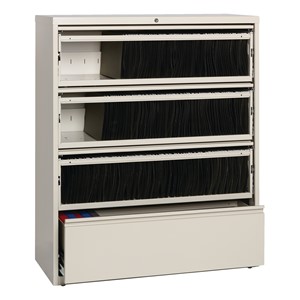 Lateral File Cabinet w/ Three Roll-Out Shelves & Fixed Bottom Shelf (36" W) - Putty