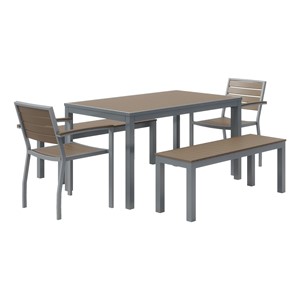 Alfresco Bistro Indoor/Outdoor Bench, Café Chair & Rectangle Table - Five Piece Set - Mocha w/ Silver Frame