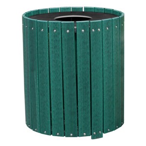Recycled Plank Outdoor Trash Can w/ Flat Top Lid - shown in green Recycled Plank Outdoor Trash Can w/ Flat Top Lid - shown in green