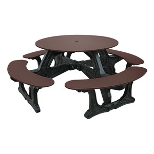 Decorative Round Recycled Plastic Picnic Table w/ Four Benches - Brown