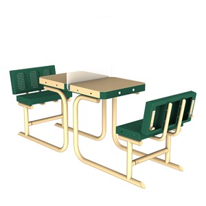 Solid Writable Top Multi-Configurable Collaborative Outdoor Desk - Two Students Facing - Green Seat/Latte Frame
