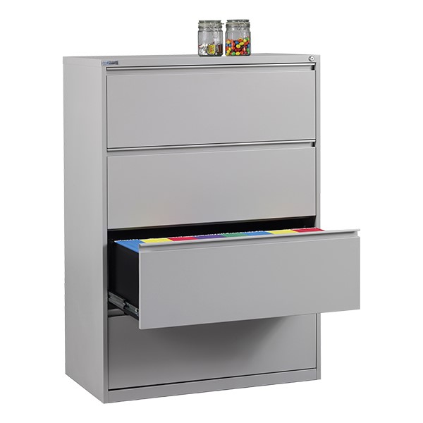 Lateral File Cabinet w/ Four Drawers (36" W) - Light Gray