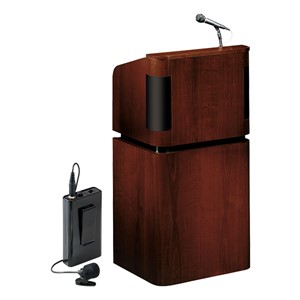 Mahogany Veneer Contemporary Lectern w/ Wireless Tie Clip Mic