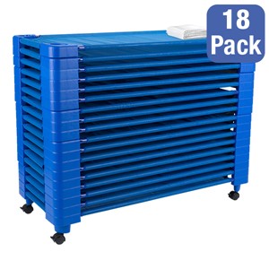 Blue Stackable Daycare Cot w/ Cot Sheet - Standard (52" L) - Pack of 18 Cots w/ Set of Four Casters - Stacked Cots
