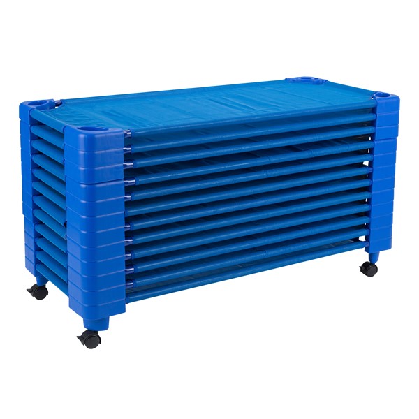 Blue Stackable Daycare Cot - Standard (52" L) - Pack of Cots w/ Set of Four Casters - Stacked