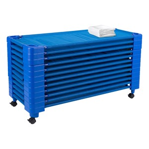 Blue Stackable Daycare Cot w/ Cot Sheet - Standard (52" L) - Pack of Cots w/ Set of Four Casters - Stacked Cots