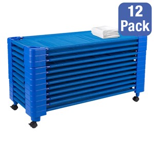 Blue Stackable Daycare Cot w/ Cot Sheet - Standard (52" L) - Pack of 12 Cots w/ Set of Four Casters - Stacked Cots