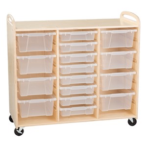 Three-Section Wooden Mobile Storage Unit - Assembled w/ Eight Clear Letter Bins & Eight Clear Medium Bins