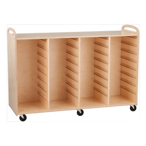 Four-Section Wooden Mobile Storage Unit - Assembled w/ 16 Clear Letter Bins & 8 Clear Medium Bins (Vertically)