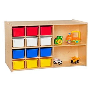12-Tray Double Wooden Mobile Storage Unit - Unassembled & w/ Colorful Trays - Front - Accessories not included