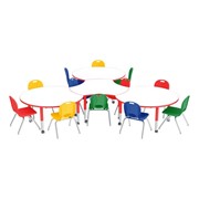 Shapes Series Preschool Crescent & Cog Mobile Collaborative Table w/ Whiteboard Top & Assorted Chair Set
