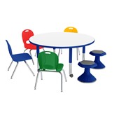 Shapes Series Preschool Round Mobile Collaborative Table w/ Whiteboard Top, Assorted Color Chair & Stool Set