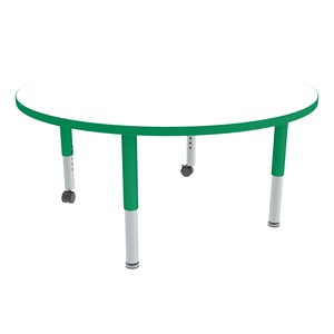 Round Adjustable-Height Mobile Preschool Collaborative Table w/ Whiteboard Top - Casters & Glides - Whiteboard Top/Green Edgeband