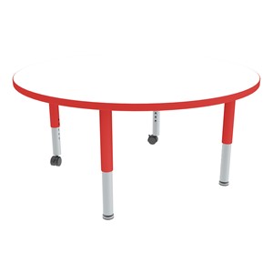Round Adjustable-Height Mobile Preschool Collaborative Table w/ Whiteboard Top - Casters & Glides - Whiteboard Top/Red Edgeband