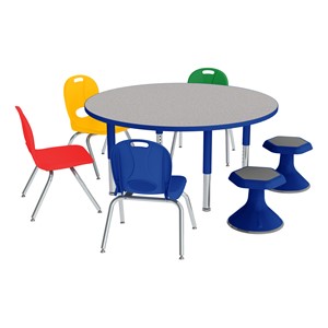Round Adjustable-Height Preschool Table & Four Assorted Color Structure Series Chairs w/ Two Active Learning Stools Set (48" Diameter) - 12" Seat Height