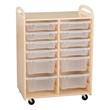 Two-Section Wooden Mobile Storage Unit - Assembled w/ Eight Clear Letter Bins & Four Clear Medium Bins